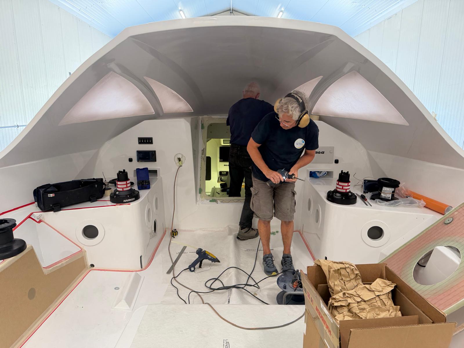 Guerrera's cockpit during fit-out, winches and B&G electronics being installed
