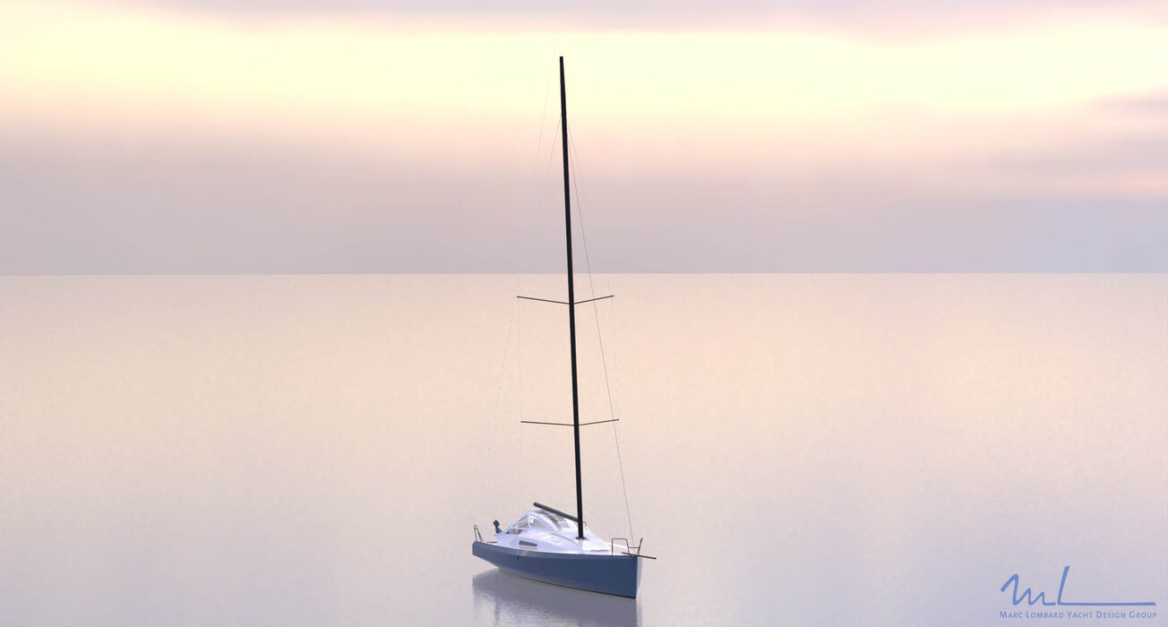 Guerrera concept rendering, profile at anchor, calm sunset