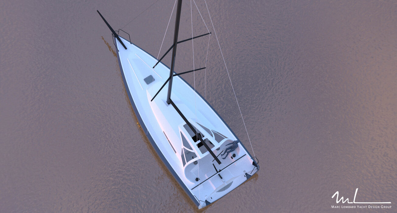 Guerrera concept rendering, aerial view with crew figure reclining in cockpit