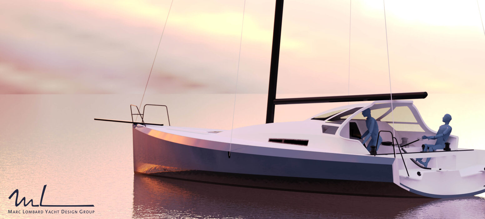 Guerrera concept rendering, three-quarter view at sunset with two crew figures