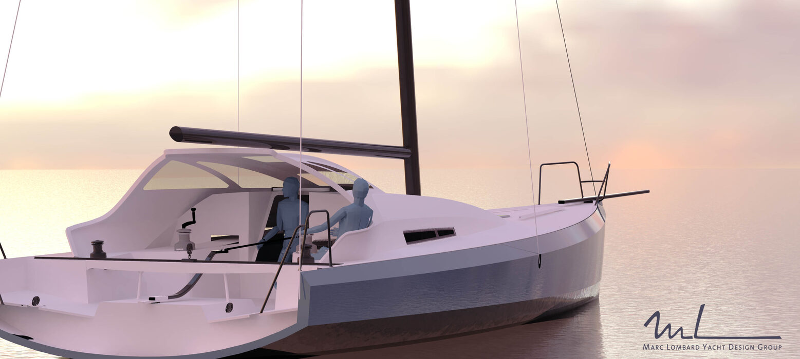 Guerrera concept rendering, three-quarter view at sunset with hull graphics
