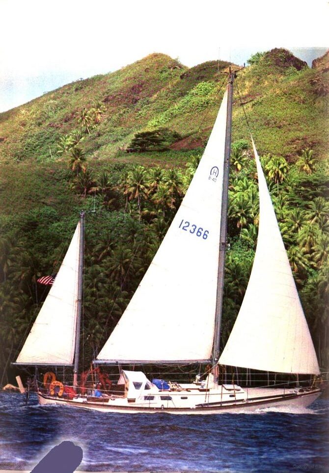 Malabar under sail in the tropics, from her circumnavigation under a previous owner